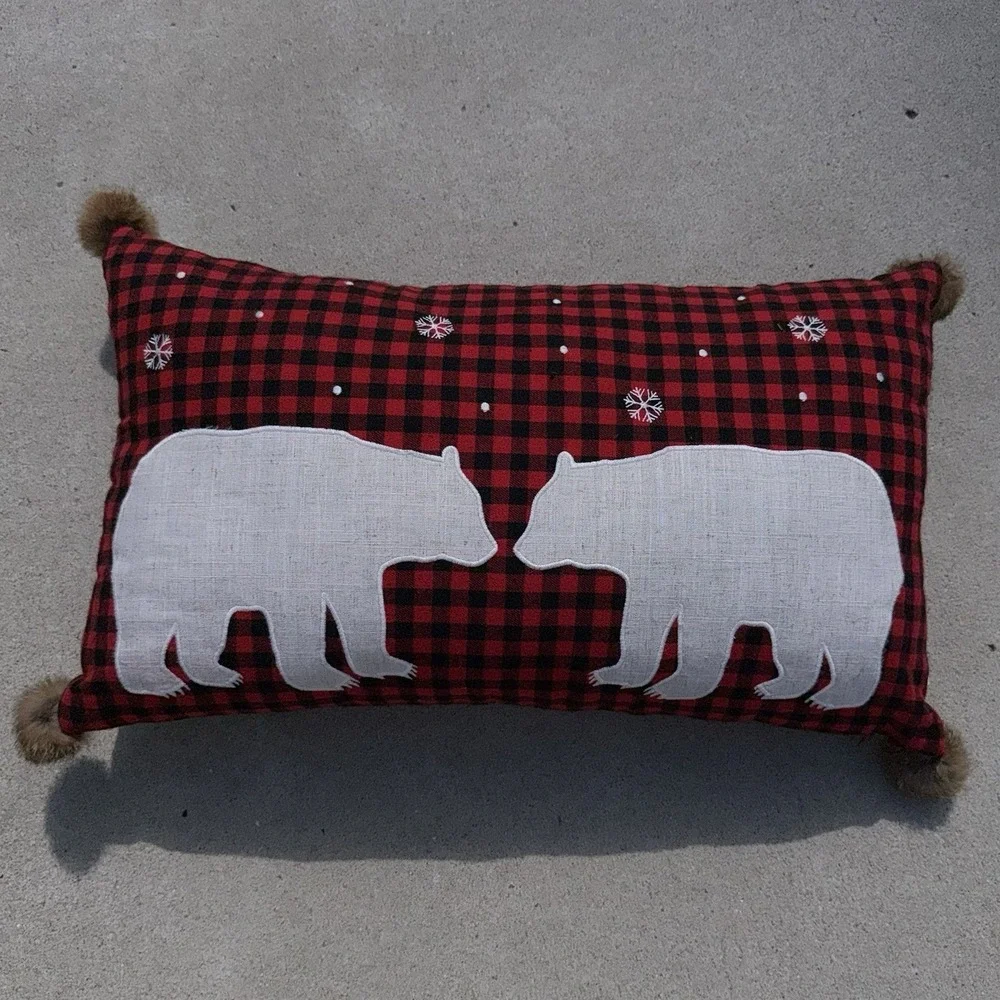 Red Black Buffalo Plaid Throw Pillow White Bears Faux Fur Trim 24x16 Rustic Lodg